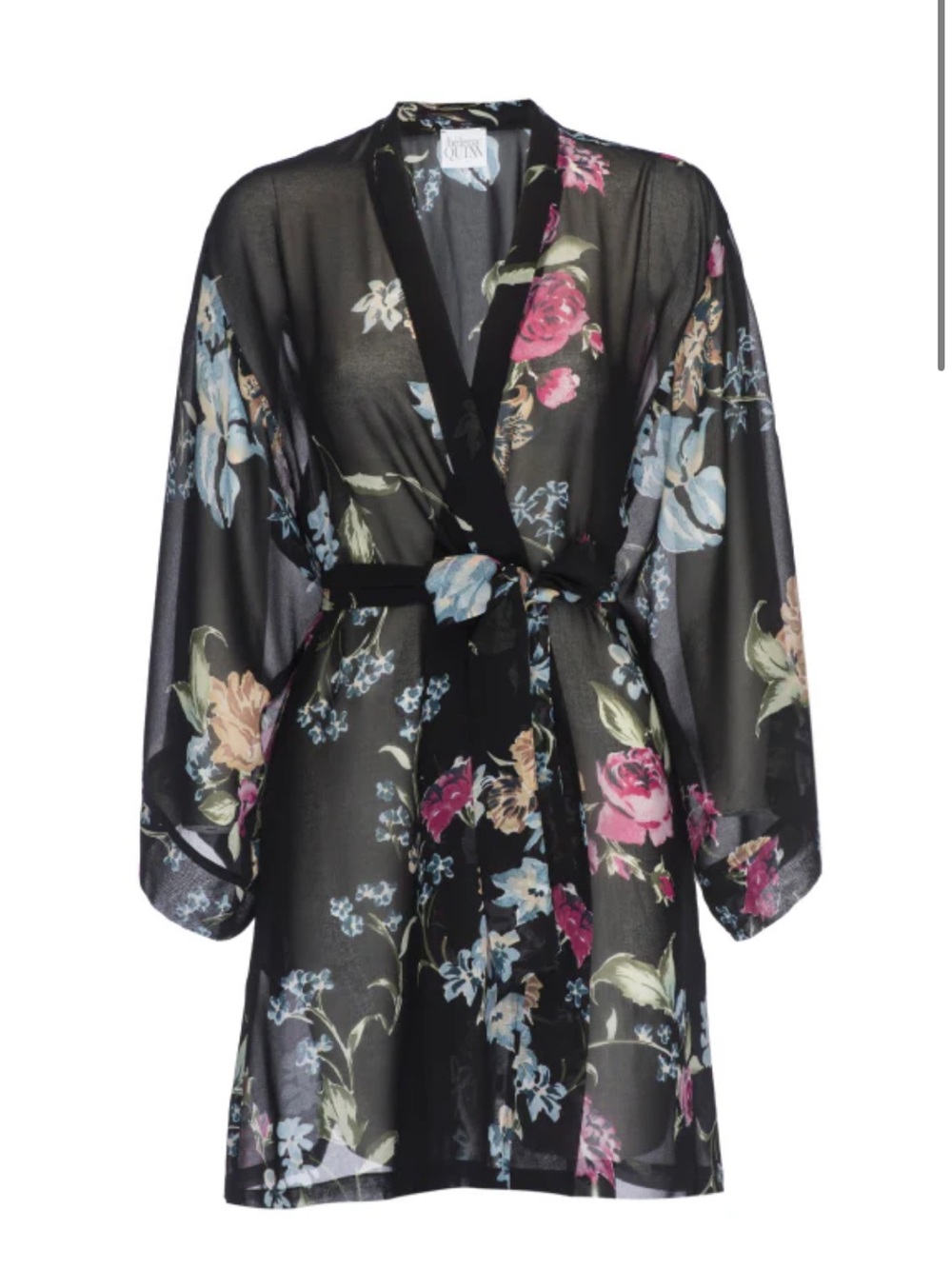 Helena Quinn Black Sheer Floral Kimono Robe Cardigan Pink Blue Blooms One Size
